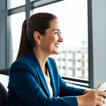 A professional female financial consultant, fully clothed in a modest business suit, is sitting at a sleek, modern desk in a well-lit office. She is smiling warmly, actively listening to an older female client who is expressing her financial goals with a hopeful expression. The background shows a soft-focus office environment with a large window, conveying trust and a personalized approach. Perfect anatomy, correct proportions, natural pose, well-formed hands, proper finger count. Professional photography, high resolution, safe for work, appropriate content, family-friendly, fully clothed.