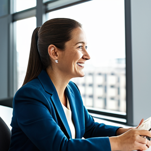 Home 25 A professional female financial consultant, fully clothed in a modest business suit, is sitting at a sleek, modern desk in a well-lit office. She is smiling warmly, actively listening to an older female client who is expressing her financial goals with a hopeful expression. The background shows a soft-focus office environment with a large window, conveying trust and a personalized approach. Perfect anatomy, correct proportions, natural pose, well-formed hands, proper finger count. Professional photography, high resolution, safe for work, appropriate content, family-friendly, fully clothed.