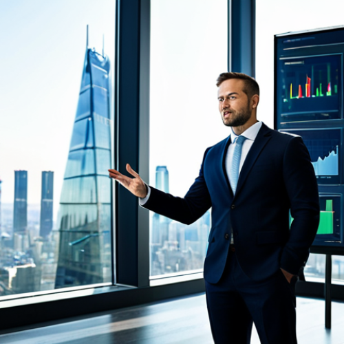 Home 24 A professional investment consultant, mid-30s, dressed in a sleek, modern business suit, standing confidently in a bright, ultra-modern office with large windows overlooking a vibrant city skyline. The consultant is gesturing towards a transparent, holographic display showing intricate financial graphs, real-time market data, and subtle visual representations of blockchain networks and AI algorithms. The atmosphere is innovative and forward-thinking. fully clothed, modest clothing, appropriate attire, professional dress, perfect anatomy, correct proportions, natural pose, well-formed hands, proper finger count, natural body proportions, safe for work, appropriate content, professional, high quality, professional photography.