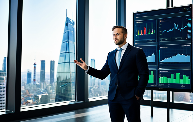 A professional investment consultant, mid-30s, dressed in a sleek, modern business suit, standing confidently in a bright, ultra-modern office with large windows overlooking a vibrant city skyline. The consultant is gesturing towards a transparent, holographic display showing intricate financial graphs, real-time market data, and subtle visual representations of blockchain networks and AI algorithms. The atmosphere is innovative and forward-thinking. fully clothed, modest clothing, appropriate attire, professional dress, perfect anatomy, correct proportions, natural pose, well-formed hands, proper finger count, natural body proportions, safe for work, appropriate content, professional, high quality, professional photography.