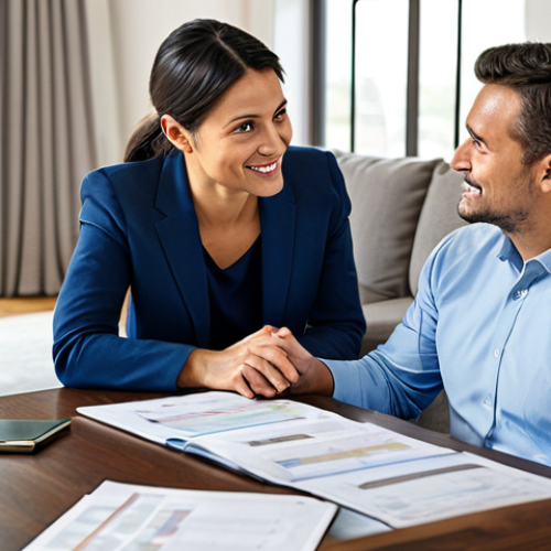 Home 22 Financial Planning Meeting**
"A professional financial consultant in a modest business attire, advising a family in their living room, discussing investment plans, fully clothed, appropriate content, safe for work, perfect anatomy, natural proportions, family-friendly, bright and welcoming environment, high quality."
**
