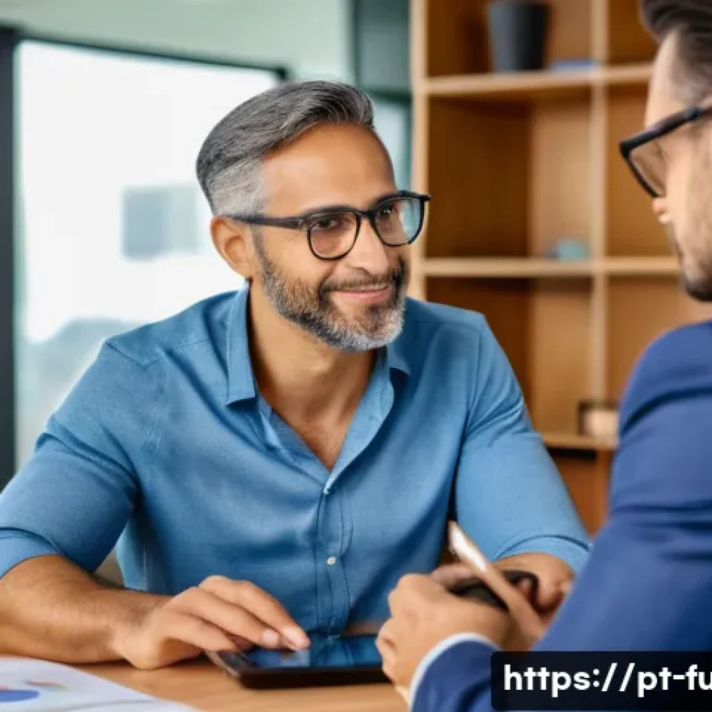 펀드투자상담사로서 성장하기 위한 팁 - A professional financial consultant in a modern Brazilian office setting, attentively listening and ...