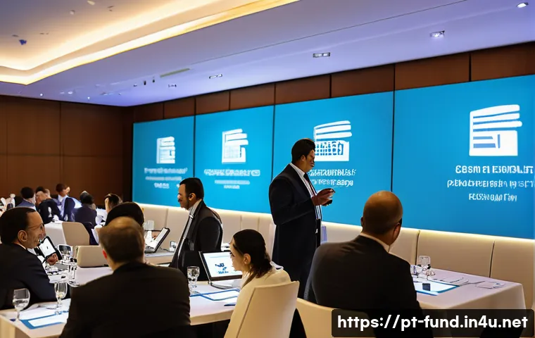 펀드투자상담사 협회 가입 혜택 - A professional networking event in a modern conference hall in São Paulo, Brazil, featuring diverse ...