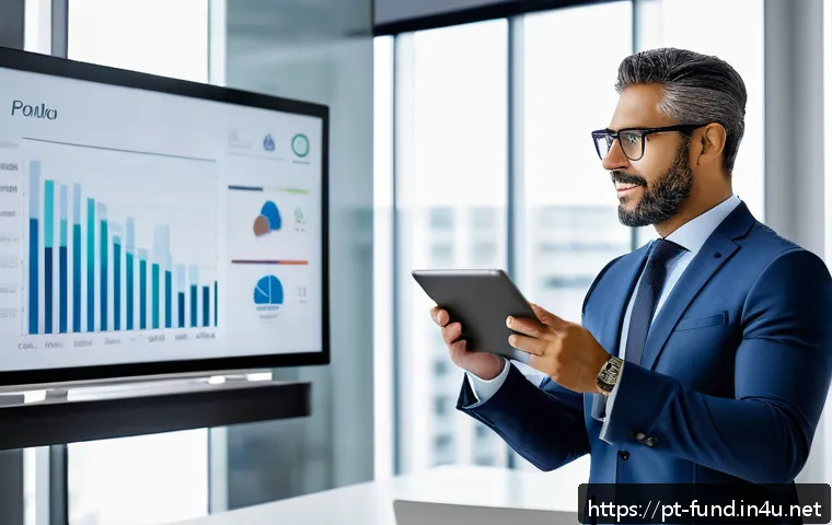 펀드투자상담사 취업을 위한 포트폴리오 작성법 - A professional financial consultant in a modern office environment, presenting a digital portfolio o...